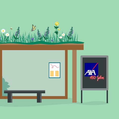 Graphic of a green bus stop. On the right is a poster with the AXA 150 years logo and on the left is a bush.