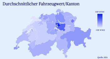Diagramm einer Schweizer Karte, bei der die Kantone nach der Höhe des Fahrzeugwerts eingefärbt sind
