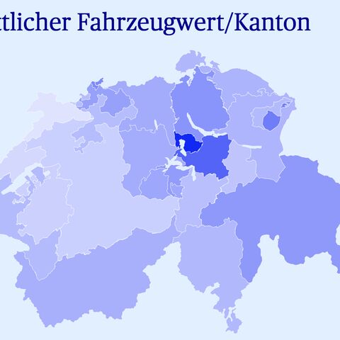 Diagramm einer Schweizer Karte, bei der die Kantone nach der Höhe des Fahrzeugwerts eingefärbt sind