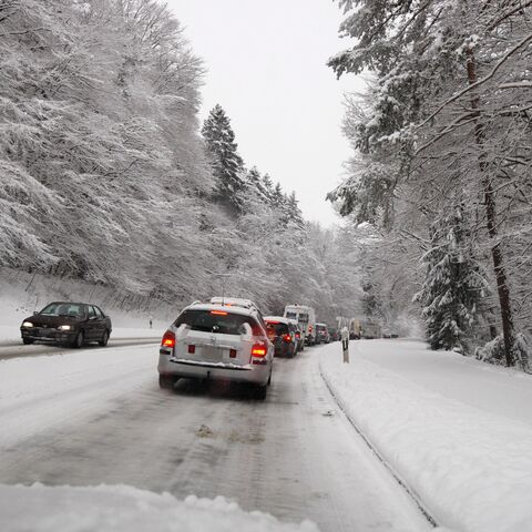 Der Wald ist frisch verschneit. Weil die Strasse noch schneebedeckt wird, bildet sich eine Kolonne.