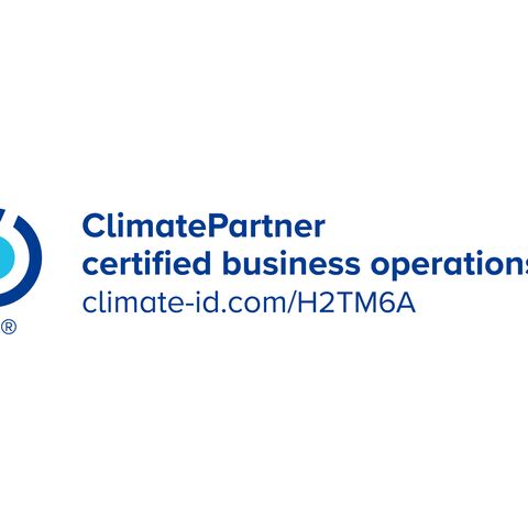 ClimatePartner logo with the words “certified business”, a QR code and the text “Calculate CO₂, reduce, contribute”.