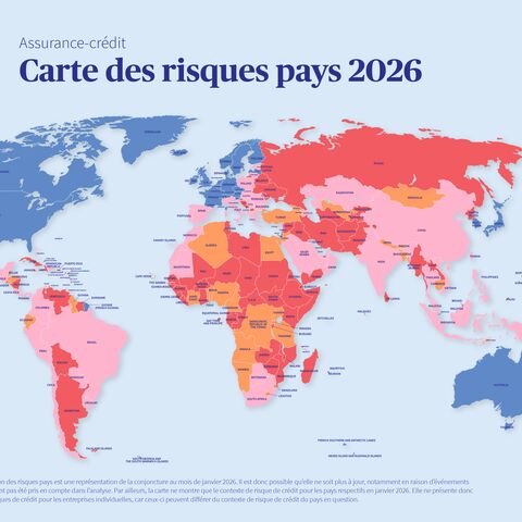 Carte mondiale des risques pays en assurance-crédit 2024 d'AXA, avec un code couleur par niveau de risque : faible (vert), moyen (jaune), élevé (rose), très élevé (rouge).