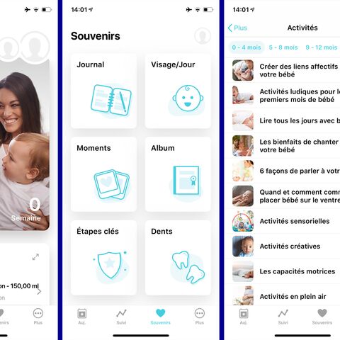 Capture d'écran d'une application de suivi de bébé avec trois vues : Aperçu quotidien, rappels avec icônes et liste d'activités pour le développement du bébé.