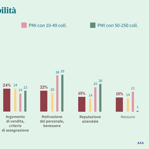 Un diagramma a barre illustra i motivi alla base della sostenibilità nelle PMI di piccole, medie e grandi dimensioni, tra cui tutela delle risorse e reputazione aziendale.