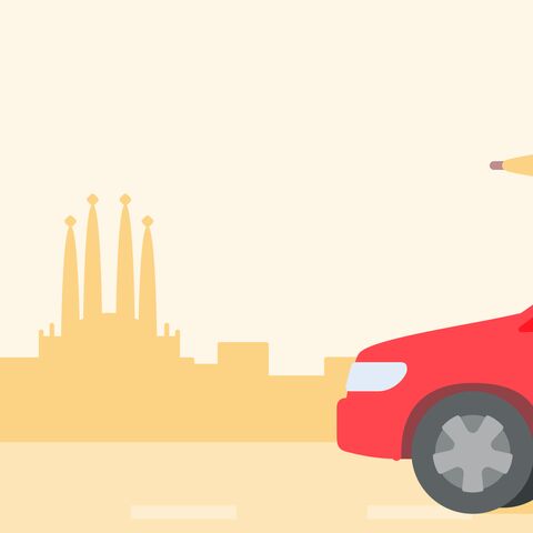 Illustration eines roten Autos mit Gepäck und einem Kajak auf dem Dach, das eine Familie vor einer Skyline, vermutlich Barcelona, zeigt.