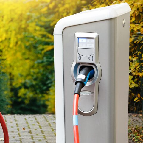 Une voiture blanche se recharge à une station de recharge grise et blanche. À l’arrière-plan, on aperçoit un beau jardin avec des haies et des arbres.