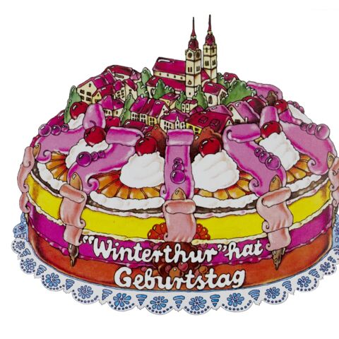 A colorful cake with pink decorations and miniature buildings on top. It says: “It's Winterthur's birthday”.