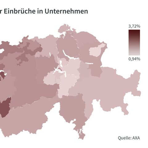 Eine Karte der Schweiz zeigt die Einbruchshäufigkeit in Unternehmen, farblich von 0,94% (hell) bis 3,72% (dunkel) abgestuft.