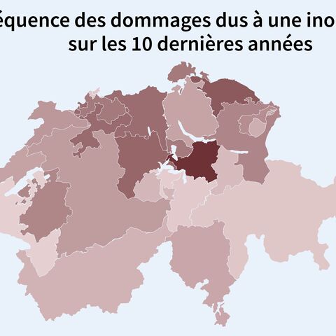 La carte de la Suisse montre la fréquence des dommages dus à une inondation au cours des 10 dernières années, sur une échelle de couleurs de 0,00% à 0,32%.