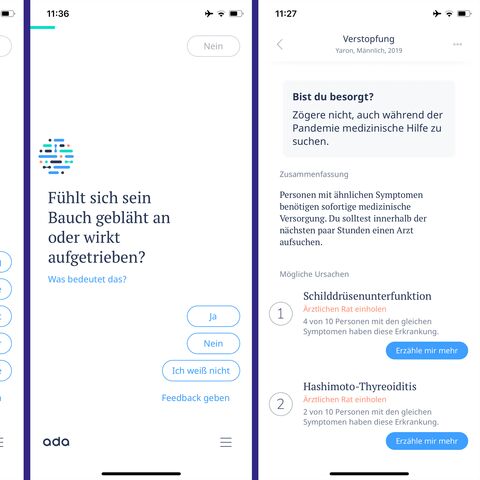 Drei Bildschirmansichten einer medizinischen App mit Fragen zu Symptomen und möglichen Diagnosen, einschliesslich Verstopfung und Schilddrüsenunterfunktion.