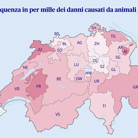 La cartina della Svizzera indica la frequenza dei danni causati da animali/selvaggi nel 2021 in per mille, variabile a colori da <2 a ≥6, con VD, FR e GR i più colpiti.