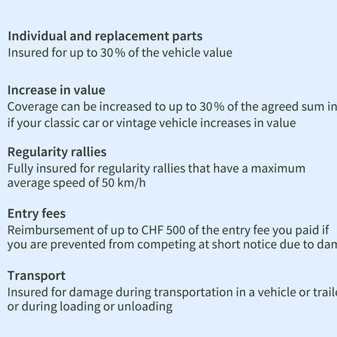 A list of insurance benefits with icons: Spare parts, value enhancement, regularity rides, entry fees and transportation.