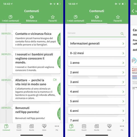 Schermata di un'app di monitoraggio del bambino con tre visualizzazioni: Panoramica giornaliera, promemoria con icone e un elenco di attività per lo sviluppo del bambino.