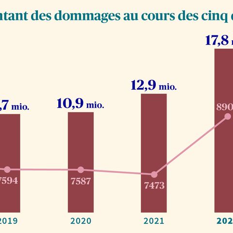 Le diagramme en bâtons montre l’augmentation du montant des sinistres et des vols entre 2018 et 2022, avec un pic en 2022 avec 17,8 mio. CHF et 8904 vols en 2022.