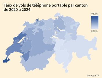 Taux de vols de téléphones portables par canton de 2020 à 2024 sur la carte suisse.