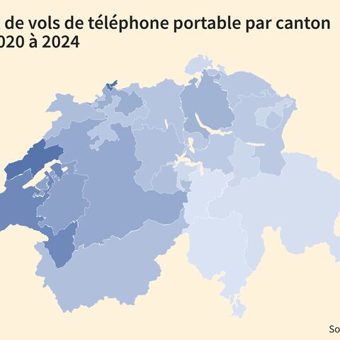 Une carte de la Suisse montre la fréquence des vols de téléphone portable par canton entre 2020 et 2024. Les couleurs sombres signifient une hausse des vols.