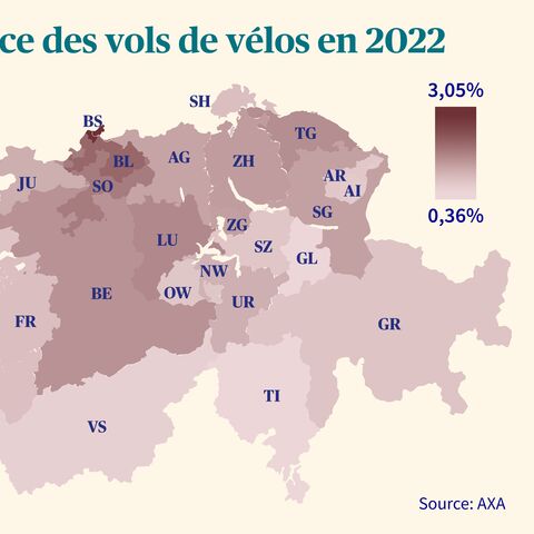 La carte de la Suisse montre la fréquence des vols de vélos en 2022, par canton, de 0,36% (clair) à 3,05% (foncé).