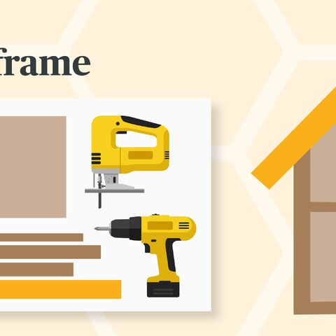 Step 2 shows materials and tools such as wooden slats, jigsaw and drill to build the frame of a small house.