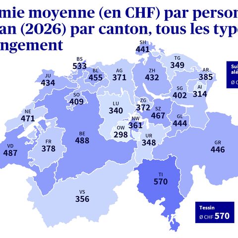 Carte de la Suisse avec indication des économies moyennes que l'on peut réaliser dans chaque canton en changeant de caisse maladie.