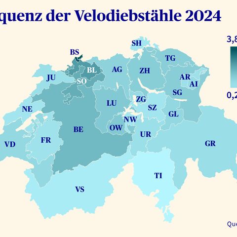 Eine Karte der Schweiz zeigt die Frequenz der Velodiebstähle in 2024, farblich von 0.29% (hell) bis 3.81% (dunkel) abgestuft.