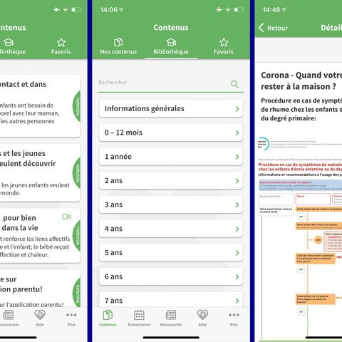 Capture d'écran d'une application de suivi de bébé avec trois vues : Aperçu quotidien, rappels avec icônes et liste d'activités pour le développement du bébé.