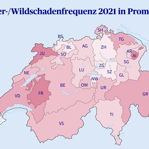Karte der Schweiz zeigt Tier-/Wildschadenfrequenz 2021 in Promille, farblich von <2 bis ≥6 variierend, mit VD, FR und GR am stärksten betroffen.