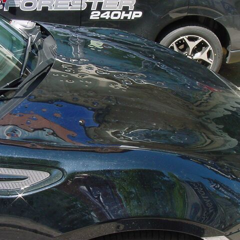 Gros plan du capot d’une voiture avec de nombreuses bosses, probablement causées par la grêle, et des bâtiments réfléchissants dessus.