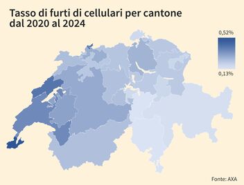 Carta svizzera con i tassi di furti di cellulari per cantone dal 2020 al 2024.