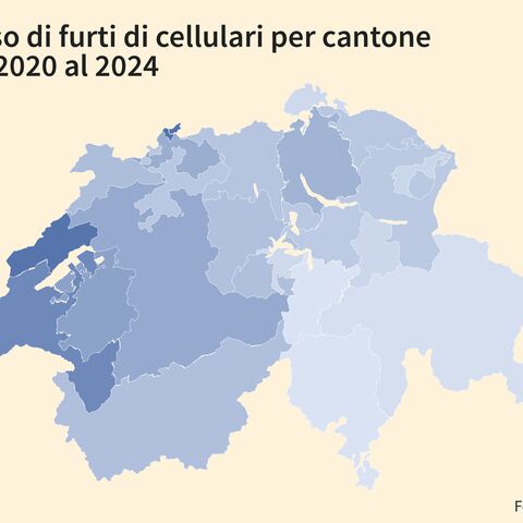 Una cartina della Svizzera mostra la frequenza dei furti di cellulari per cantone tra il 2020 e il 2024; i colori scuri significano tassi più elevati di furti.