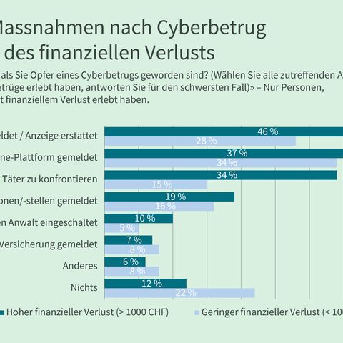 Ein Balkendiagramm zeigt verschiedene getroffene Massnahmen nach Cyberbetrug nach Höhe des finanziellen Verlusts.