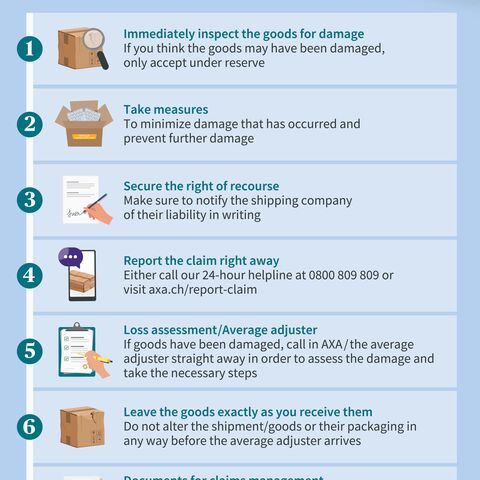 Infographic: Steps in the event of transport damage, from inspecting the goods to reporting damage and providing documentation.