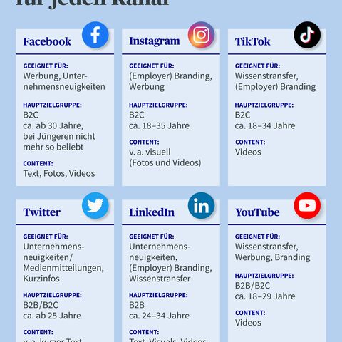 Infografik zu Social Media: Inhalte für Facebook, Instagram, TikTok, Twitter, LinkedIn und YouTube, mit Zielgruppen, Eignung und Content-Arten.
