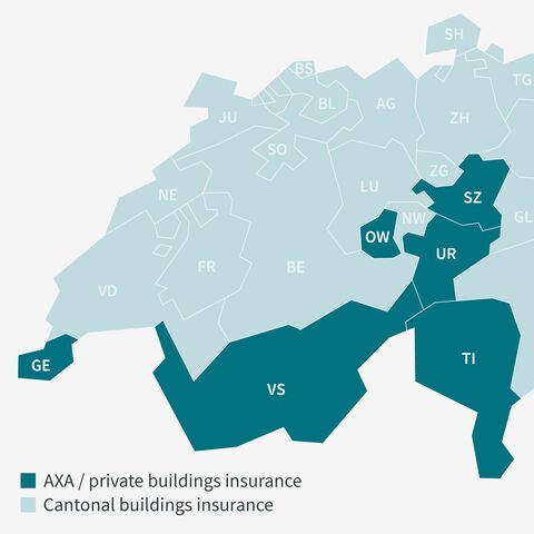A map of Switzerland shows cantons with private buildings insurance in dark blue and those with state buildings insurance in light blue.