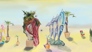 A modern image in the foreground is composed of different-sized palms in plant pots on a yellow ground. The largest palm is draped in red. Three dolphins are standing next to it. Behind on the left are two pink yachts. There is a green and red folding chair on the right. The background varies from light blue to yellow.