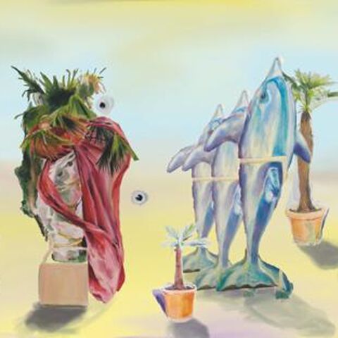Ein modernes Bild: Im Vordergrund stehen Palmen in verschiedenen Grössen in Blumentöpfen auf gelbem Grund. Um die grösste Palme ist ein rotes Tuch drapiert. Daneben stehen drei Delfine. Hinte am linken Rand sind zwei rosarote Segelschiffe zu sehen. Rechts steht ein rot-grüner Klappstuhl. Der Hintergrund ist hellblau bis gelb.