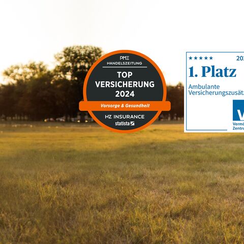 Ein Vater spielt mit seinem Sohn in einem sonnigen Feld, daneben sind Auszeichnungen für eine Top-Versicherung und den 1. Platz für ambulante Versicherungszusätze.