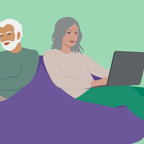 Illustration de deux personnes âgées tenant un ordinateur portable, accompagnée d’un texte: «Collaborateurs et collaboratrices de plus de 50 ans – 33% travaillent à temps partiel chez AXA.»