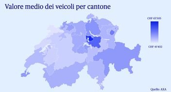 Grafico di una mappa della Svizzera in cui i cantoni sono colorati in base al valore dei veicoli
