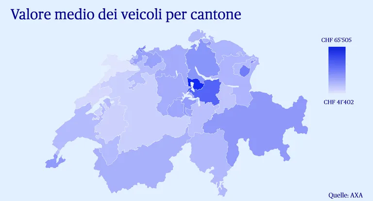 Grafico di una mappa della Svizzera in cui i cantoni sono colorati in base al valore dei veicoli
