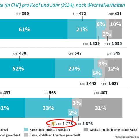 Ein Balkendiagram zeigt die durchschnittliche Ersparnis pro Kopf nach Wechselverhalten und Sprachregion im Jahr 2024 auf (3/7).