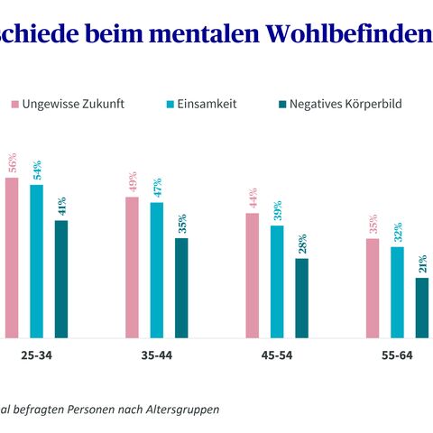 Ein Balkendiagramm zeigt Altersunterschiede im mentalen Wohlbefinden, wobei Unsicherheit, Einsamkeit und negatives Körperbild verglichen werden.