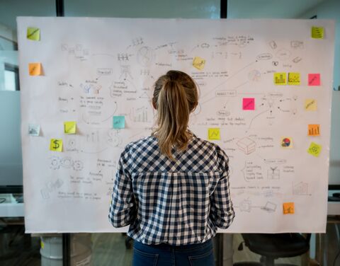 Woman sketching a business plan on a placard at a creative office.