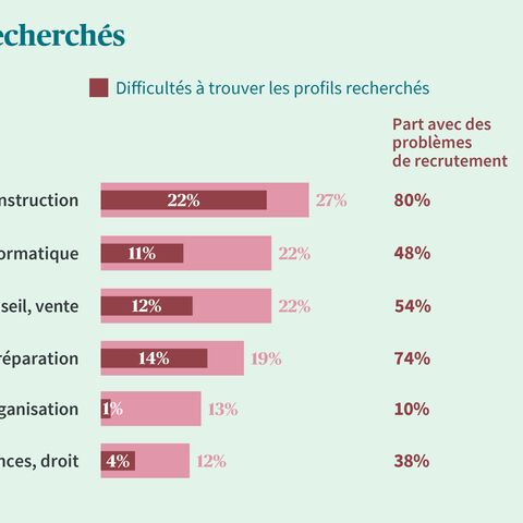 Un diagramme en bâtons montre que l’artisanat/le bâtiment (80%) est le secteur le plus difficile à pourvoir, tandis que le secteur financier/droit (38%) présente le moins de problèmes.