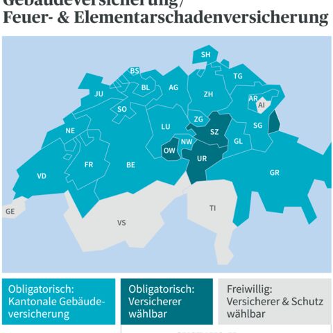 Karte der Schweiz zeigt kantonale Unterschiede bei Gebäude-, Feuer- und Elementarschadenversicherungen in verschiedenen Farben.