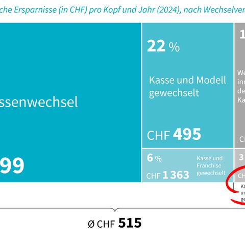 Grafik zeigt Ersparnisse bei Kassenwechsel in der Schweiz: CHF 399 bei nur Kassenwechsel, CHF 495 bei Kasse und Modell gewechselt (2/7).
