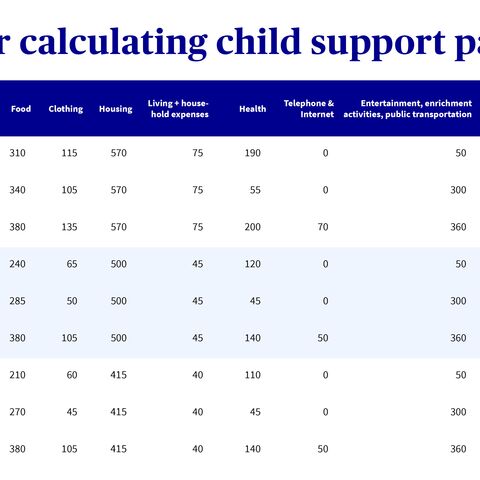 A table for calculating child support shows monthly costs in CHF for a single child and for 1-2 children in different age groups.