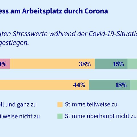 Ein Balkendiagramm zeigt die Veränderung der Einschätzung des arbeitsbedingten Stresses durch Corona auf. Weit über die Hälfte der Frauen und Männer stimmen voll- bis teilweise zu.