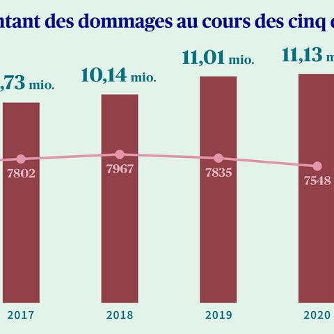 Un diagramme en bâtons montre le montant annuel des dommages en millions CHF et le nombre de vols entre 2016 et 2020, avec une augmentation au fil des ans.