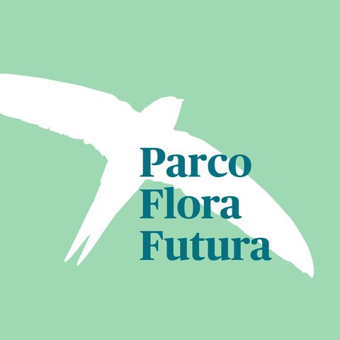 Grafico di un uccello in bianco con Flora Futura Park in verde davanti.