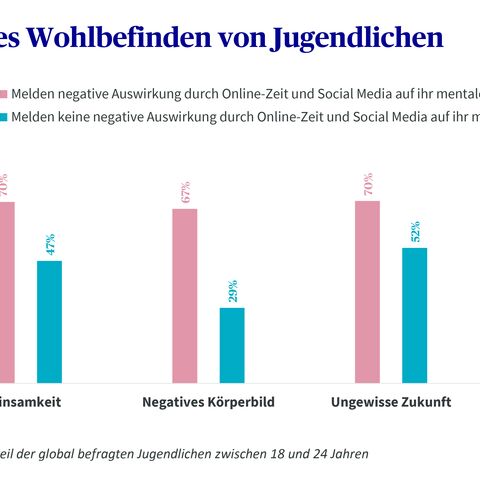 Balkendiagramm zeigt, wie Online-Zeit und Social Media das mentale Wohlbefinden von Jugendlichen in Bezug auf Einsamkeit, Körperbild, Zukunft und Selbstakzeptanz beeinflussen.